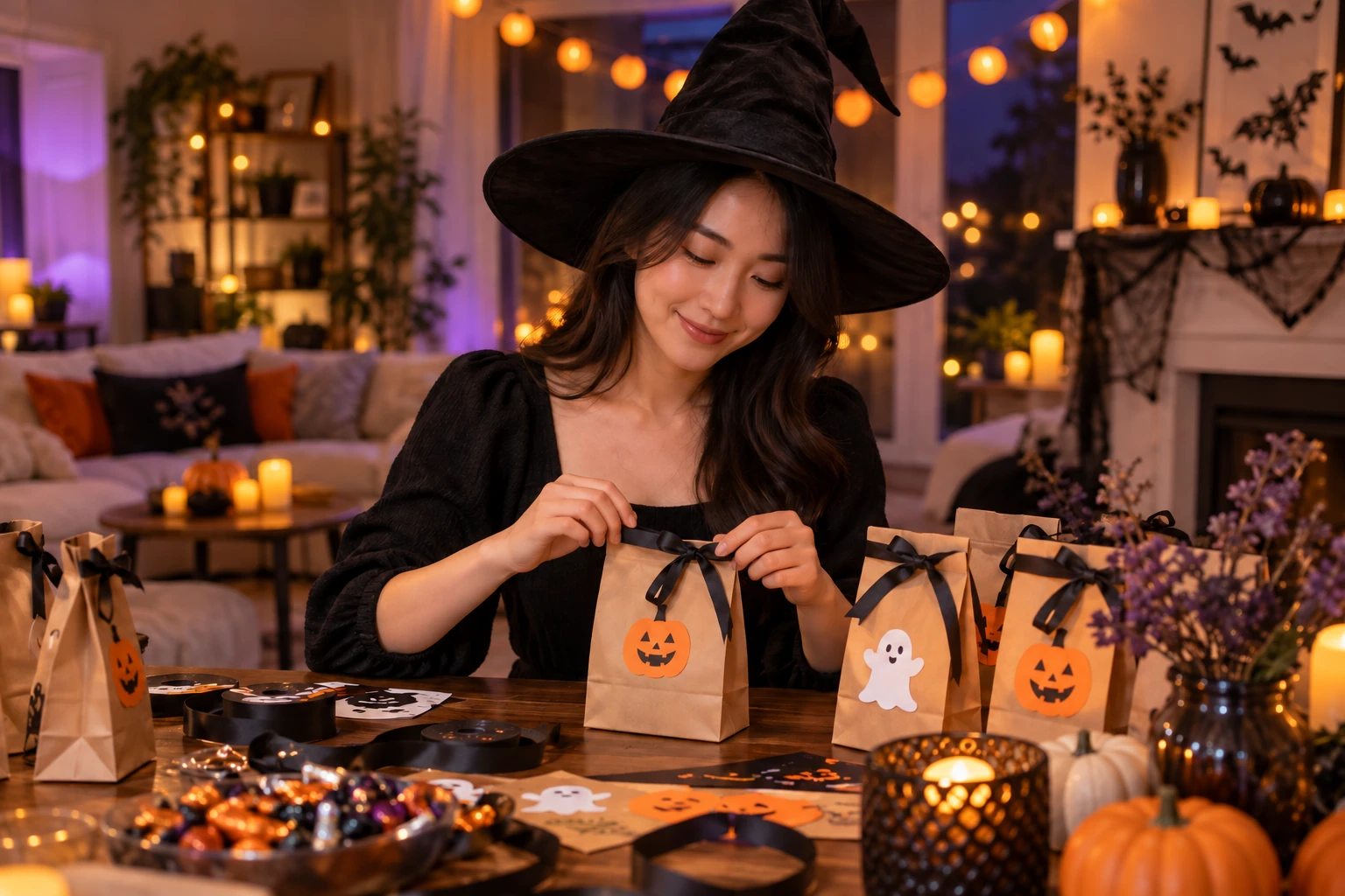 An adult woman tying a ribbon on a Halloween party favor bag beside orange lights