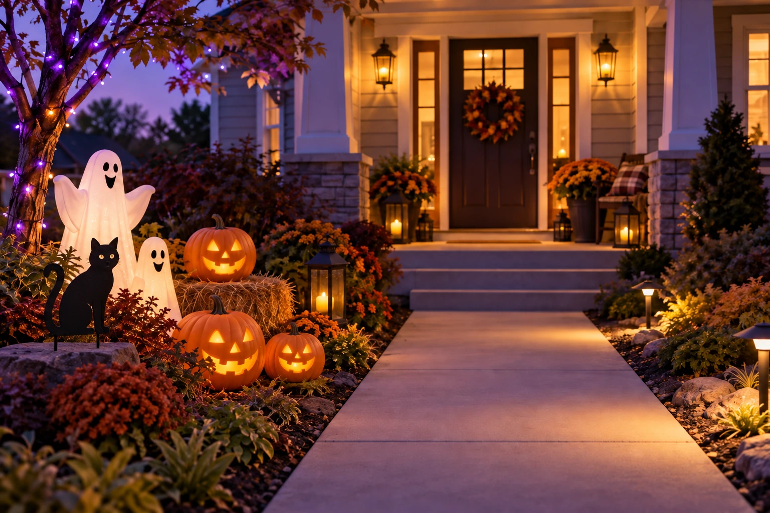 A welcoming Halloween porch with ghosts, pumpkins, evening lights and black cat decorations