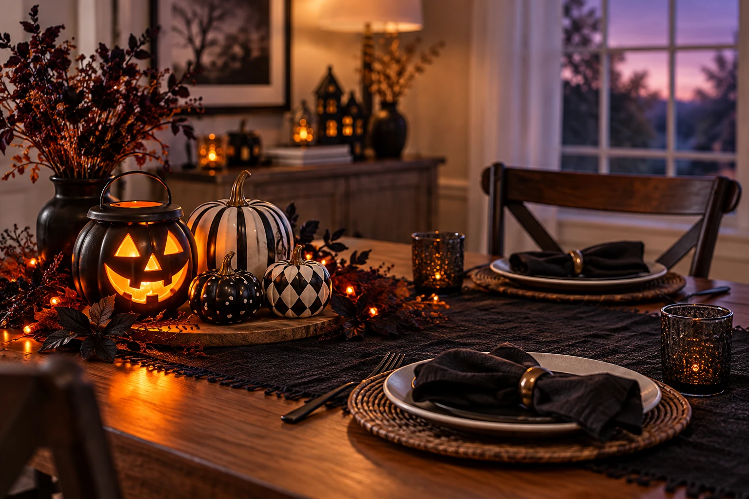 A warm Halloween dinner table with orange lights and black-and-white pumpkin decorations