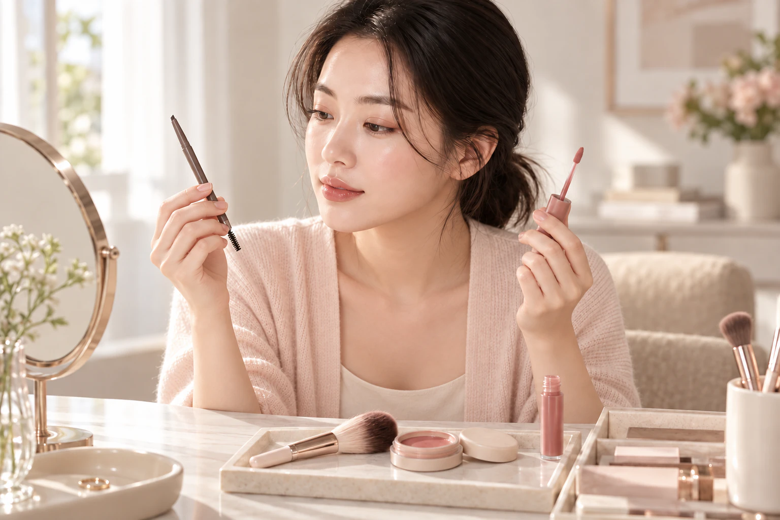 거울 앞에서 눈썹 펜슬과 립 틴트를 살펴보는 여성, 앞쪽의 블러셔 브러시와 색조 도구
