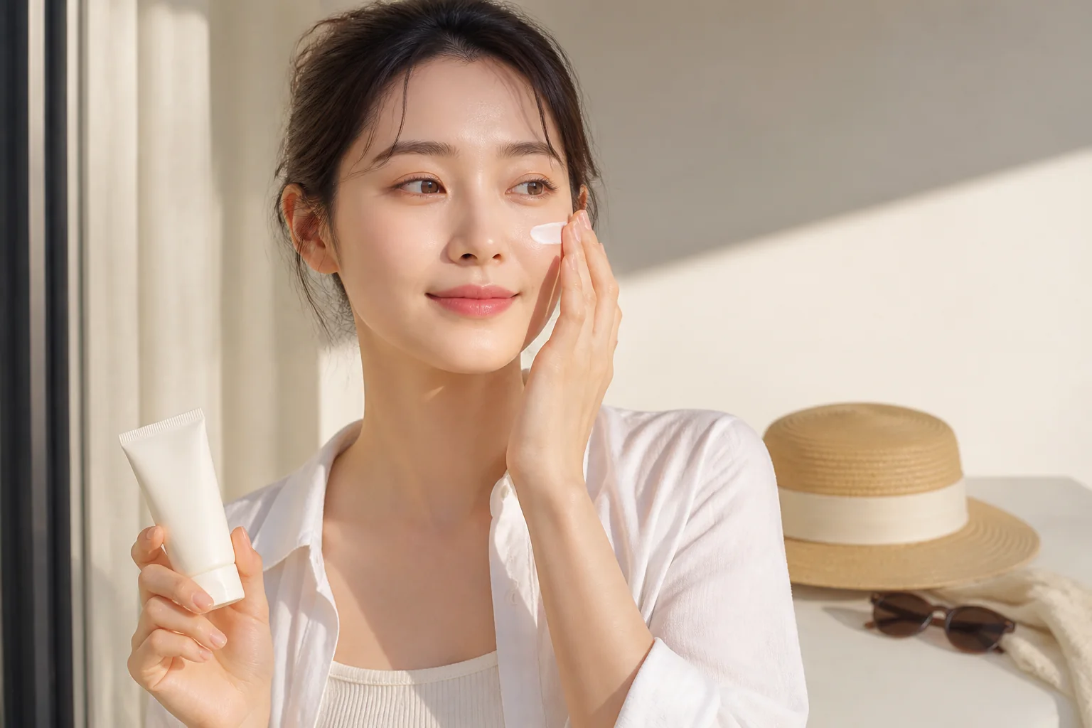 햇빛 드는 창가에서 작은 튜브 제품을 바르고 옆에 모자와 선글라스를 둔 장면