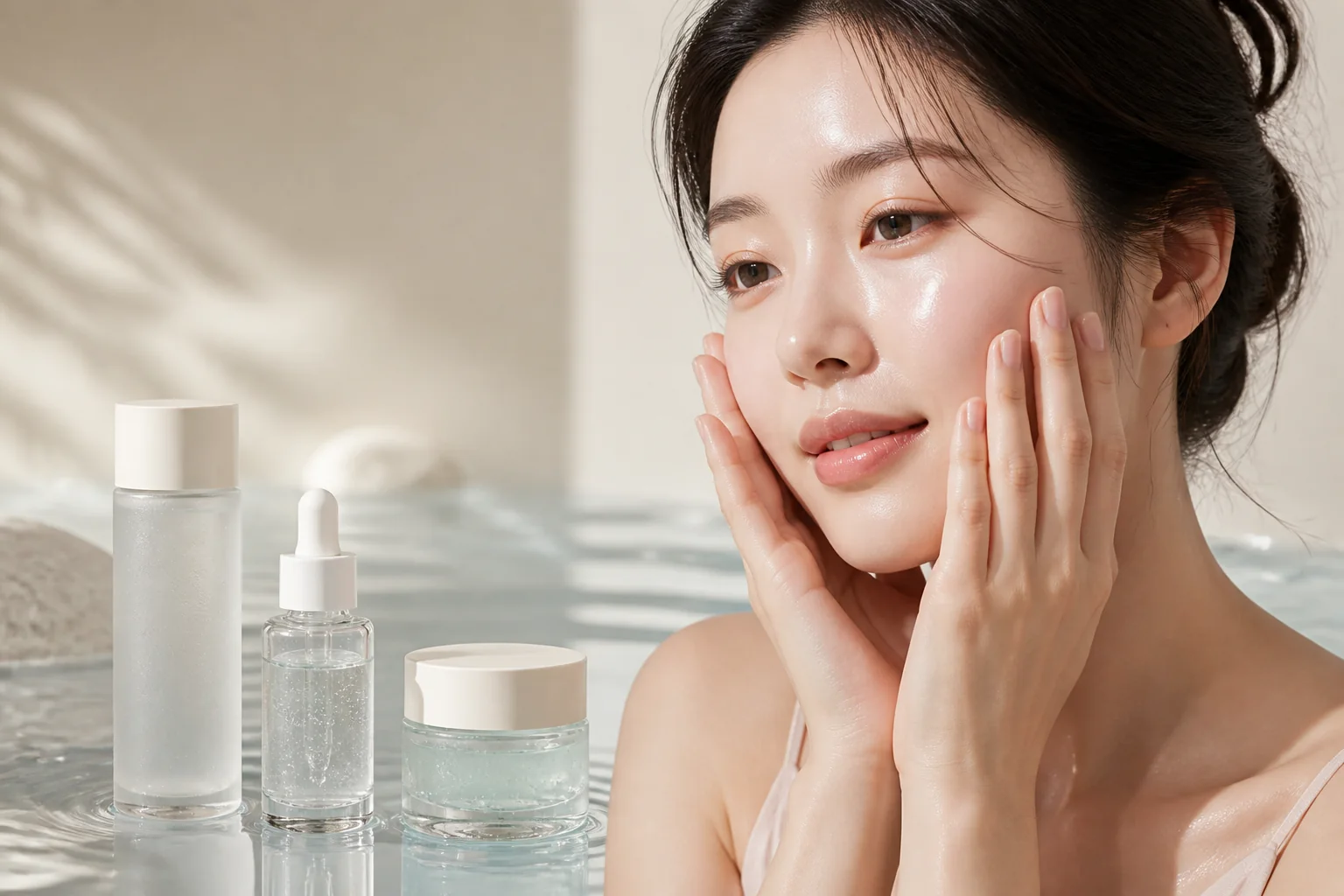 물가에 투명한 토너 병과 스포이드 세럼, 크림 용기를 두고 얼굴을 감싸는 장면