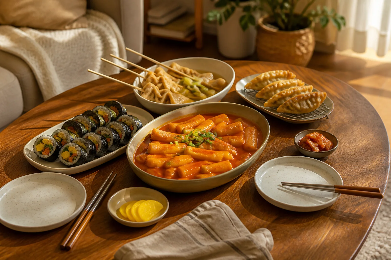 햇빛이 드는 집 식탁에 떡볶이와 김밥, 어묵, 만두를 차린 장면