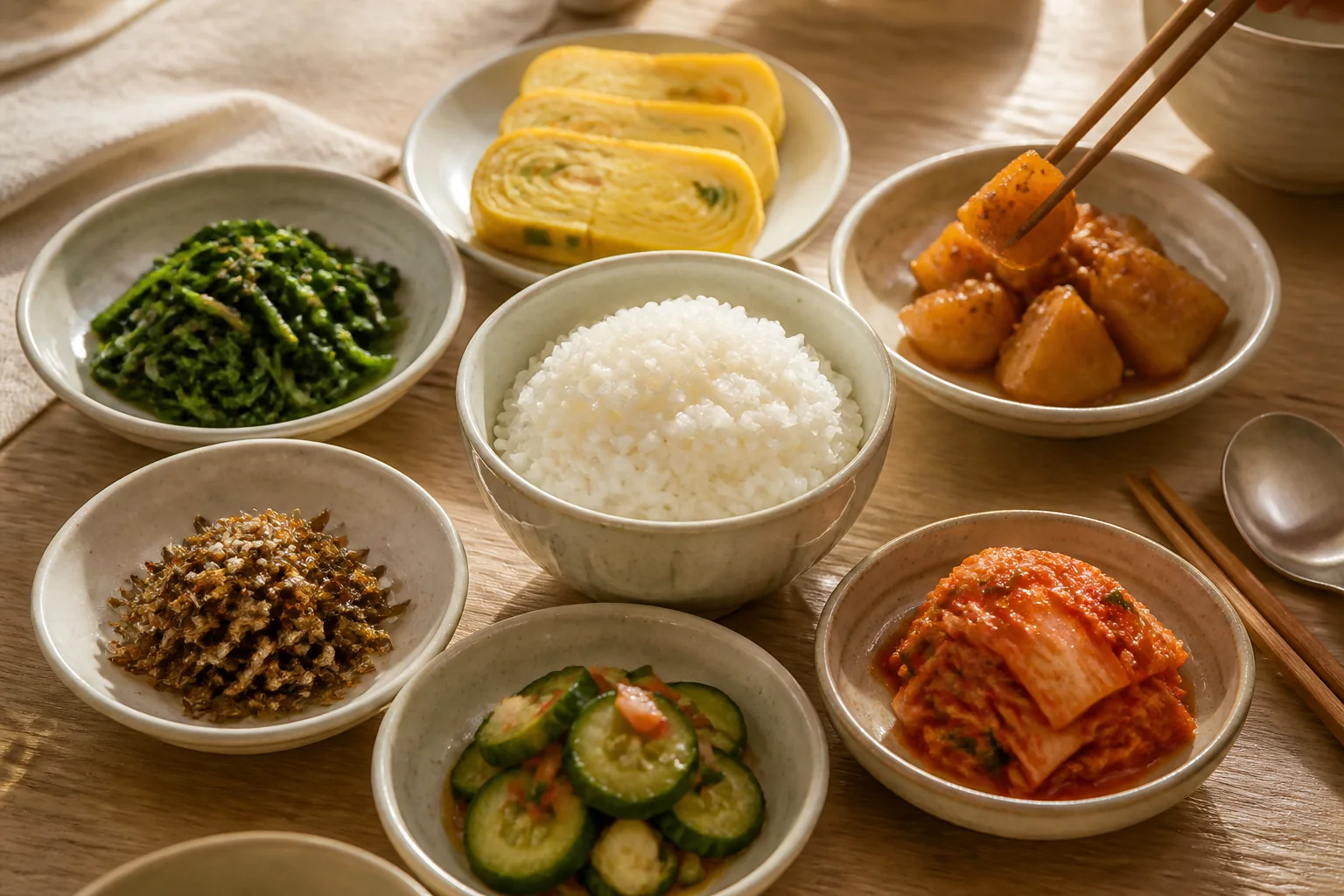 흰밥을 중심으로 김치와 나물, 달걀말이 등 여러 반찬을 차린 식탁