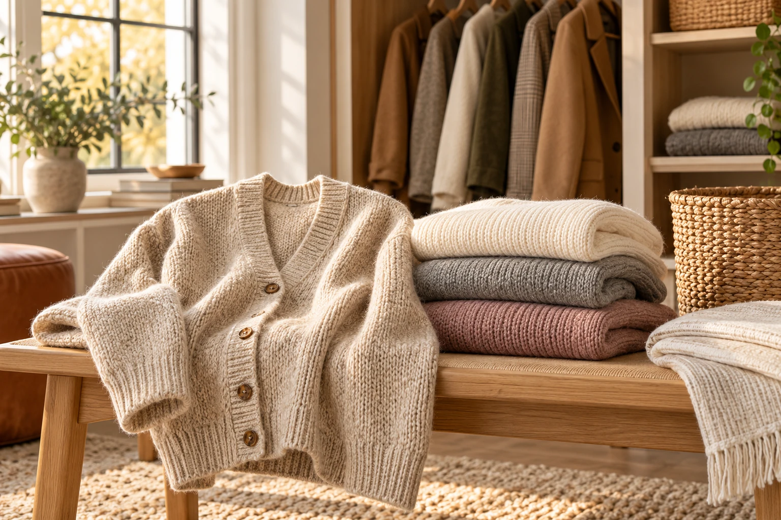 An oatmeal cardigan and folded knit sweaters on an oak bench beside an open wardrobe in warm autumn light